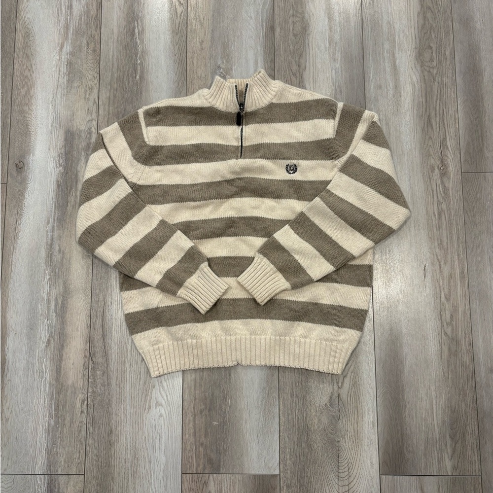Chaps Men's 1/4 Zip Up Sweater in Beige and Cream Stripes Size L